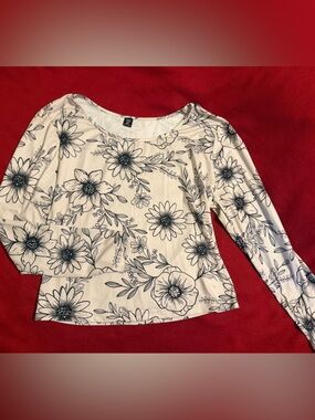 SHEIN Cream Long Sleeve Floral Top with Black Print